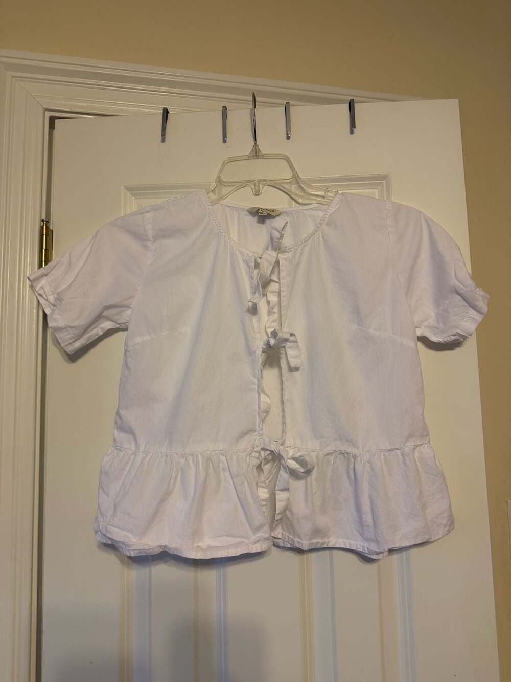 Sim & Sam White Cotton Tie-Front Peplum Blouse with Short Sleeves Size S
